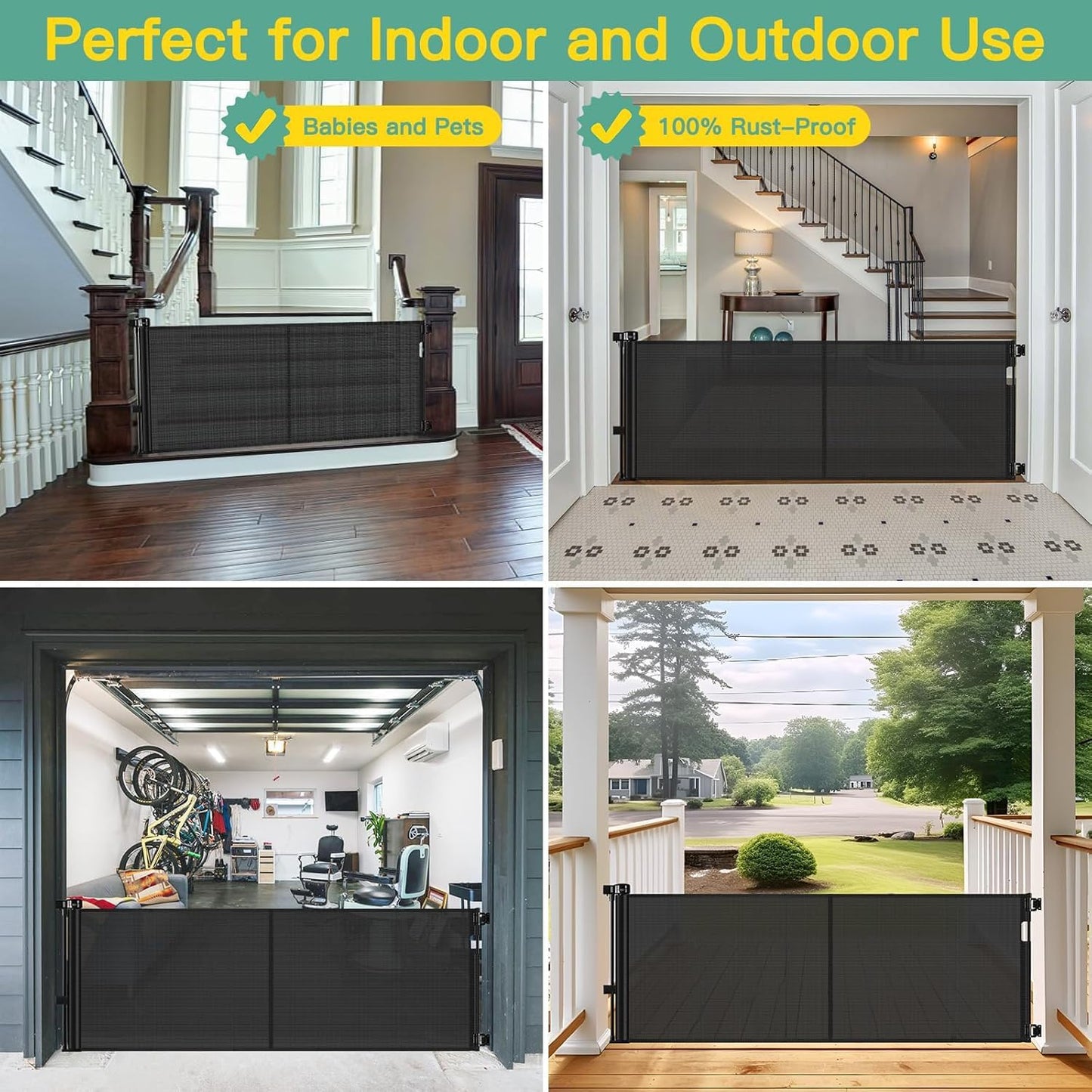 96 Inch Wide Reinforced Retractable Baby Gate with Support Rods, Extra Long Dog Gate Retractable Gate Outdoor Gates for Decks, Prevent Crawling Under Extra Long Baby Gates for Large Openings, Black