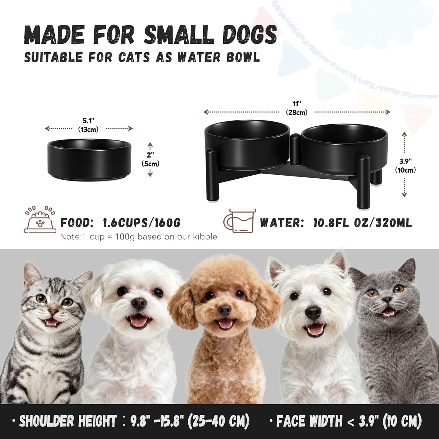 Raised Ceramic Dog Bowl Set - Elevated Double Dishes with Stainless Steel Stand - Food and Water Bowls for Small to Medium Dogs - Each Holds 3.5 Cups (29.57 fl oz) - White
