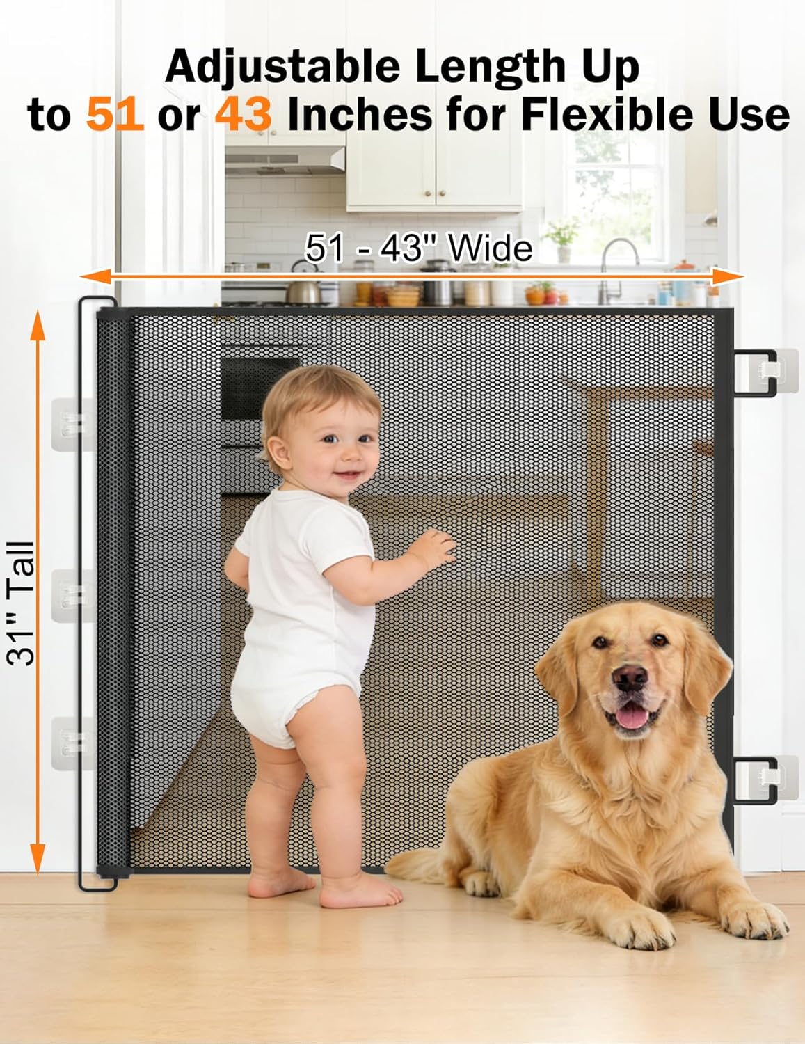 Retractable Mesh Pet Gate, Extra Tall 31'' Adjustable Width Up to 51/43 Inches for Doorways Stairs Hallways, Indoor Outdoor Dog Safety Barrier Net Panel (51'' Width)