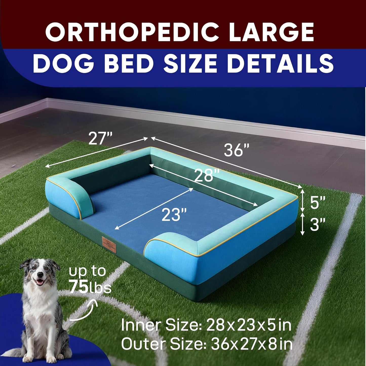 Comfort Expression Orthopedic Dog Bed for Extra Large Dogs 42x30 Inch, Waterproof Egg Crate Foam XL Pet Bed with Removable Bolsters, Dog Couch with Washable Cover & Non-Slip Bottom, Grey - Colors B