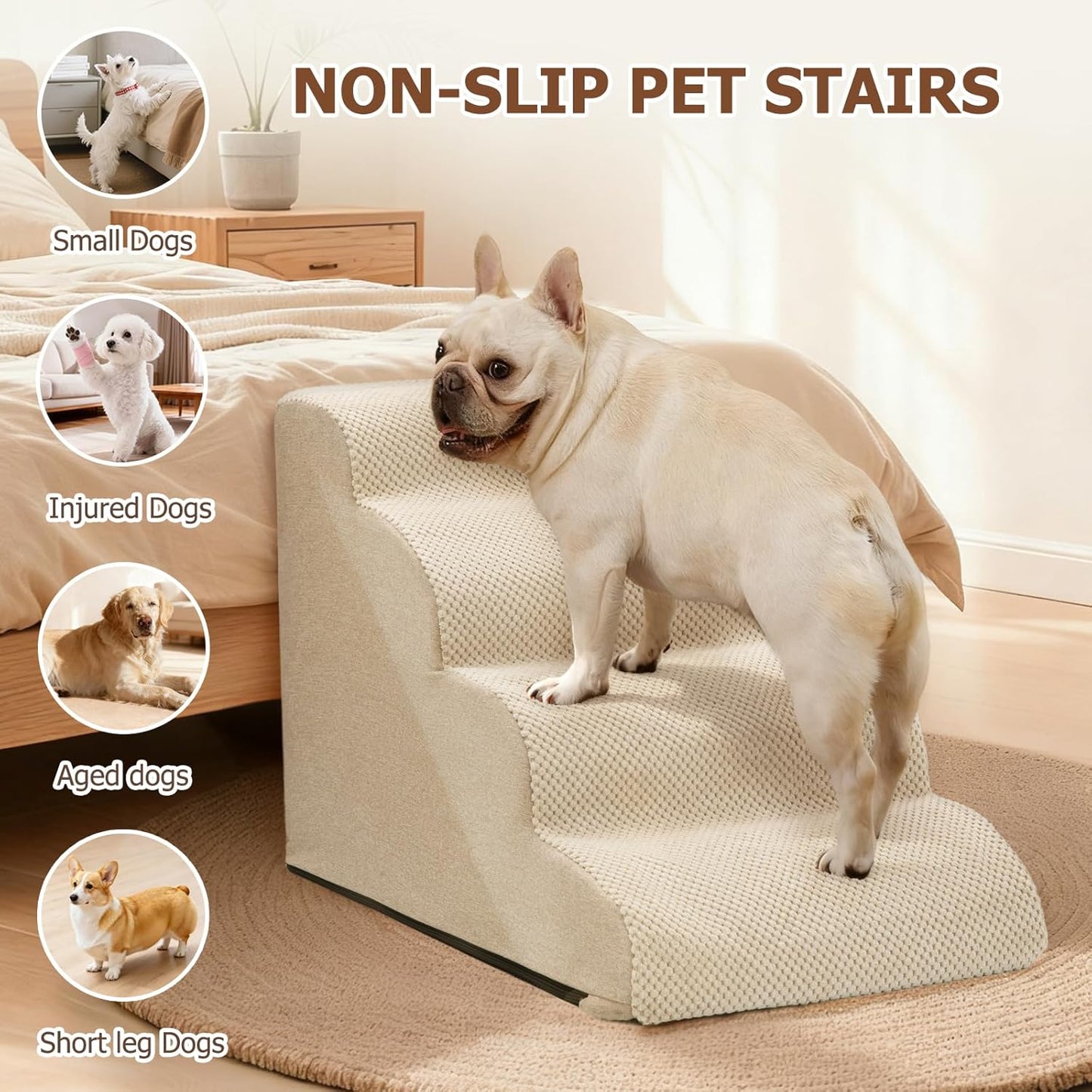 Aodisman Dog Ramp and Stairs for Small Dogs & Cats,3-Step Pet Stairs for Couch Sofa and Chair,Indoor Anti-Slip Dog Stairs for Old Cats and Puppy,Beige