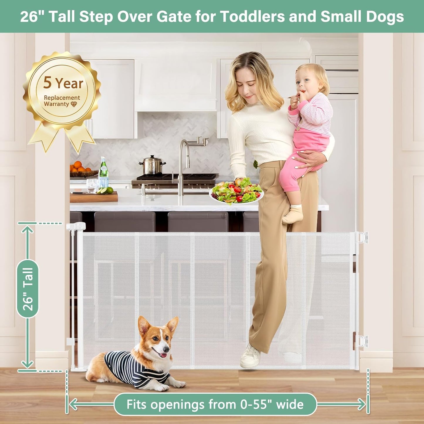 Reinforced 26 Inch Tall Retractable Child Gate to Step Over 55" Wide Small Retractable Baby Gates for Stair Retractable Dog Gate Short Mesh Dog Gate Retractable Toddler Gates for Doorways Doggy Gate