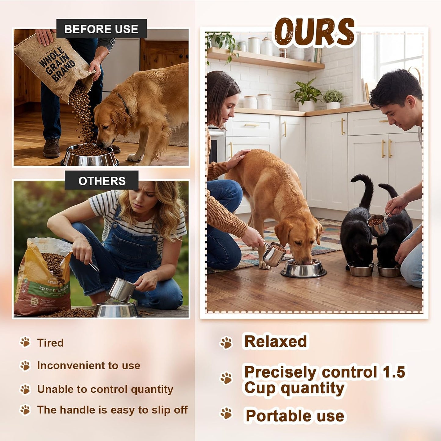 Zonon 2 Pieces 1.5/12 oz Cup Dog Food Stainless Steel Scoop, Durable Metal Dog & Cat Food Cup with Ergonomic No-slip Grip, Easy-clean, Rust-resistant Convenient for Bucket Pet Animal Feeds (Novel)