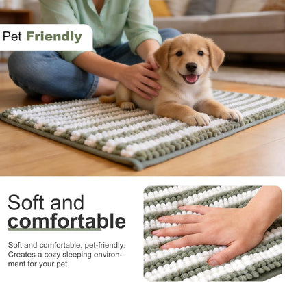 pobopobo Dog Door Mat for Muddy Paws - Absorbent & Washable Chenille Rug, Non-Slip Dirt Trapper for Indoor Outdoor Entryway, Quick Dry Pet Mat for Muddy Dogs (Striped Gray-Blue&White, 24" x 16")