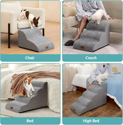 COZY KISS Dog Stairs for Small Dogs 15.7" H, Curved Dog Step for Puppy, Older Cat, Medium Pet Ramp for Sofa, Couch or Chair, Ladder with High Density Foam, 3 Step, 15.7x22.4x15.7 inch, Beige