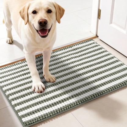 pobopobo Dog Door Mat for Muddy Paws - Absorbent & Washable Chenille Rug, Non-Slip Dirt Trapper for Indoor Outdoor Entryway, Quick Dry Pet Mat for Muddy Dogs (Striped Gray-Blue&White, 24" x 16")
