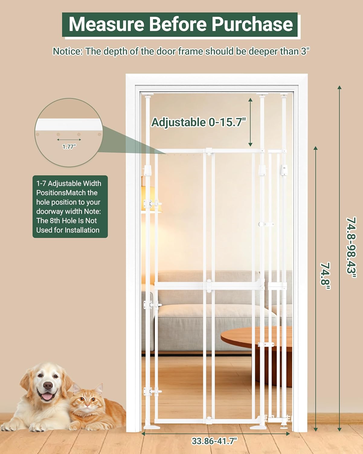 NiceTCU 74.80-98.43'' Extra Tall Cat Gate, Adjustable 33.86-41.34" Wide, Transparent Full Door Pet Gate, Auto Close No Drilling Cat Proof Safety Gate for Doorway Stairs- White