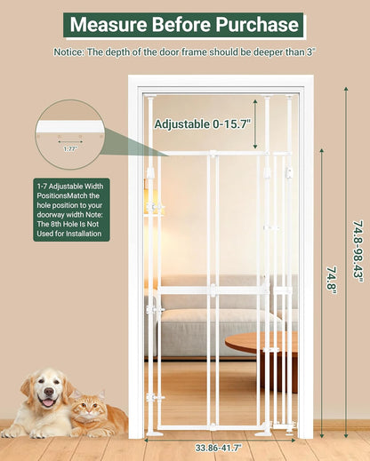 NiceTCU 74.80-98.43'' Extra Tall Cat Gate, Adjustable 33.86-41.34" Wide, Transparent Full Door Pet Gate, Auto Close No Drilling Cat Proof Safety Gate for Doorway Stairs- White