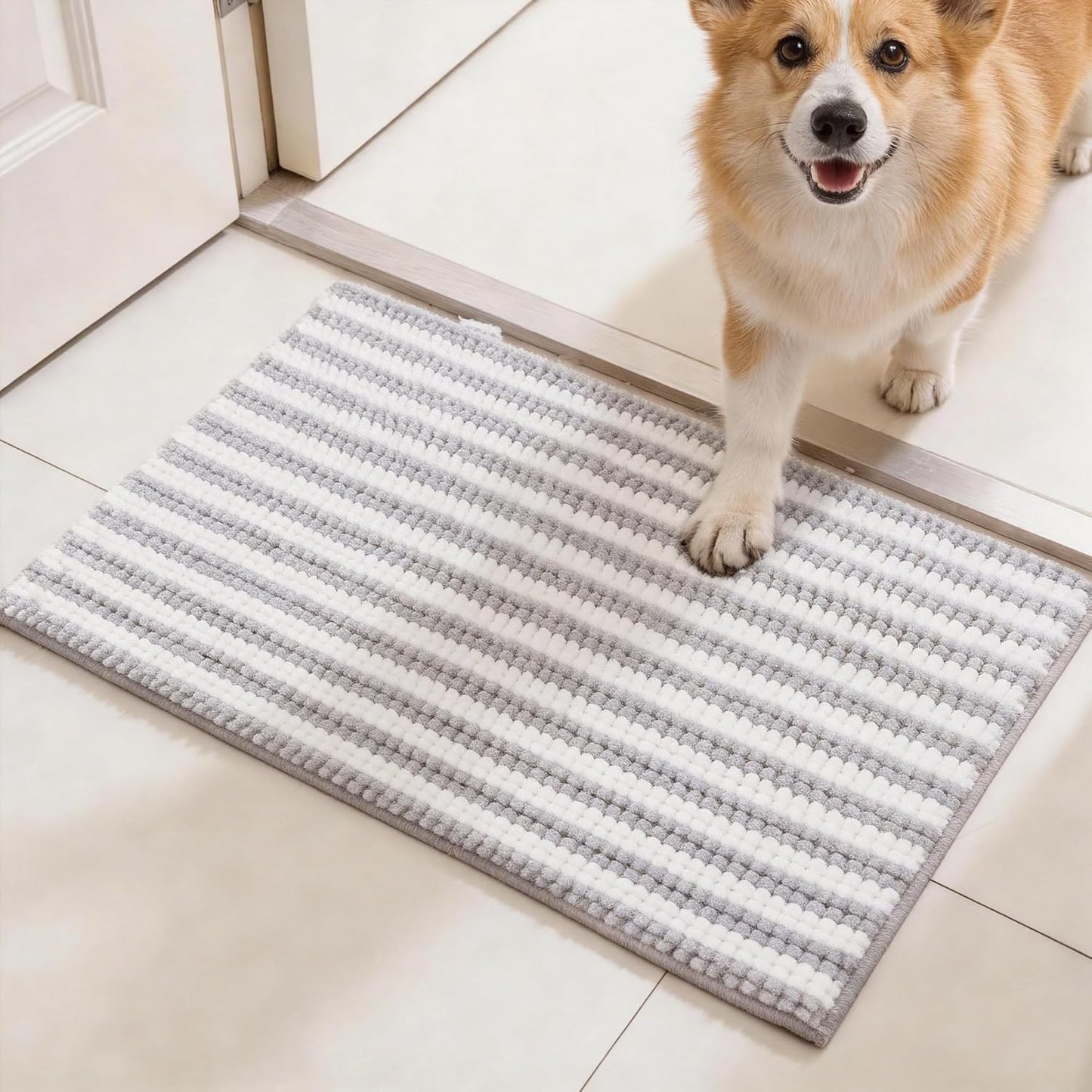 pobopobo Dog Door Mat for Muddy Paws - Absorbent & Washable Chenille Rug, Non-Slip Dirt Trapper for Indoor Outdoor Entryway, Quick Dry Pet Mat for Muddy Dogs (Striped Gray-Blue&White, 24" x 16")