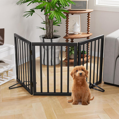 Freestanding Dog Gates Indoor, 3-Panel Pet Gates with 2 Metal Stands and 360° Hinge, 24" H Foldable Dog Gate for Stairs, Doorway, Kitchen, Expands Up to 55" Fully Assembled - Black Walnut