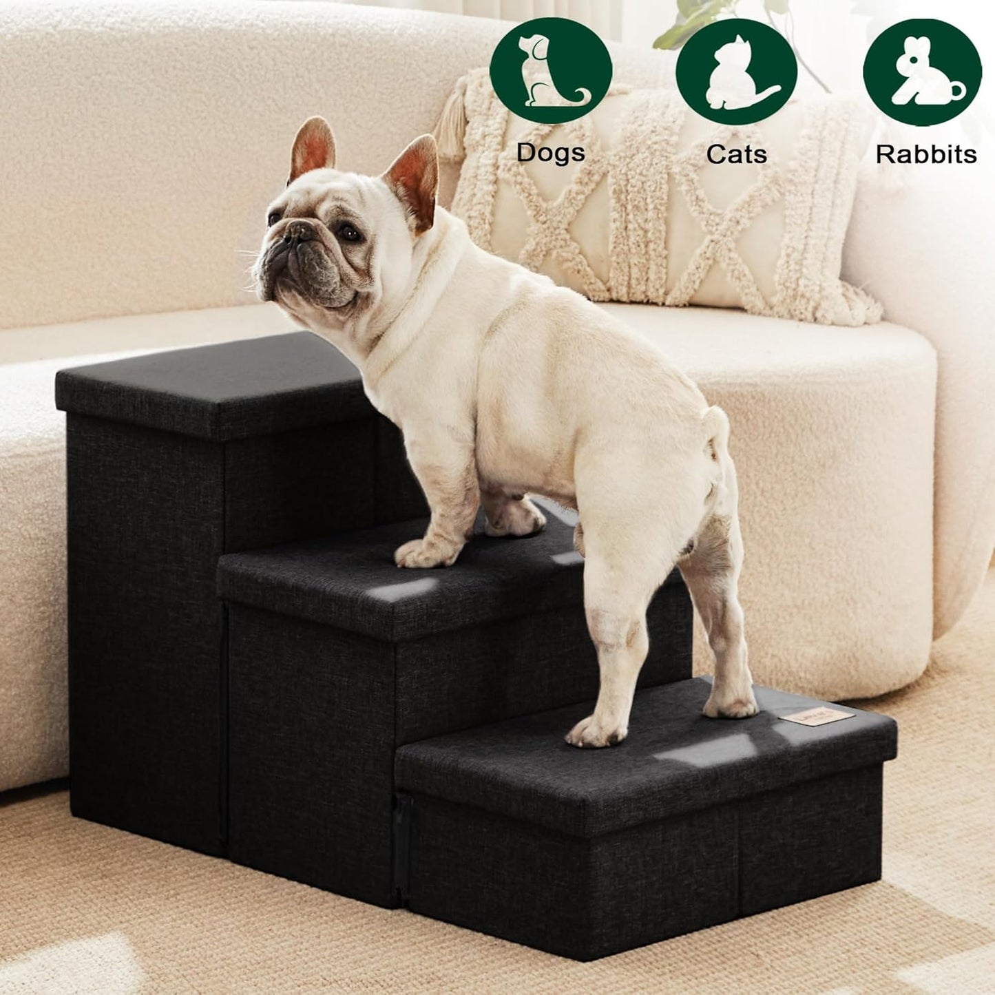 Love's cabin Dog Stairs with Storage 13" H, Foldable Pet Stairs for Small Medium or Large Dogs, Cat Puppy Steps Ramp with Zip up to 150 lbs, Solid Grey, 2 Steps