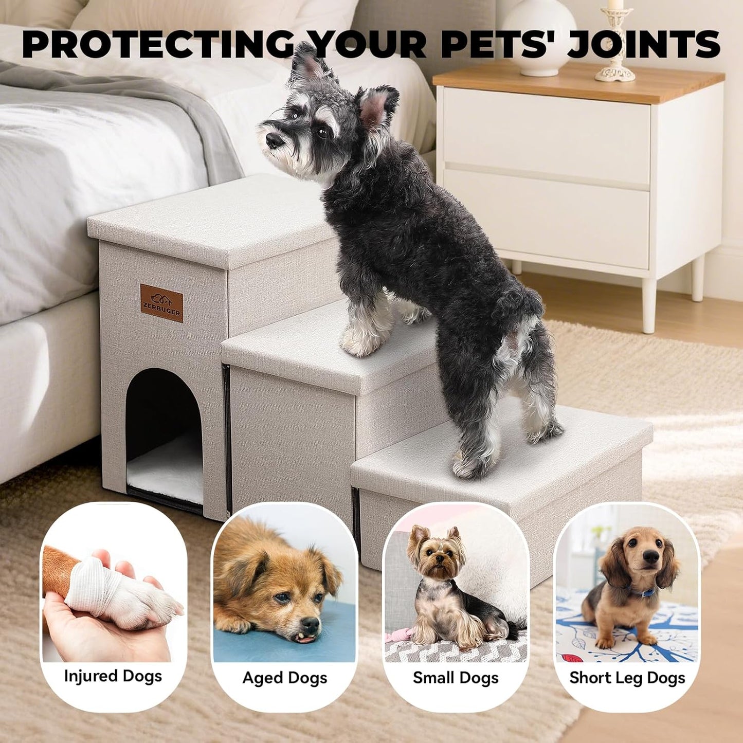 Zerbuger Wider Dog Ramp for High Bed with Storage 18" H, Foldable Dog Stairs for Small Medium Large Older Senior Animal, Sturdy Dog Step for Climbing Bed or Couch, Arthritis-Friendly (Gray, No Condo)