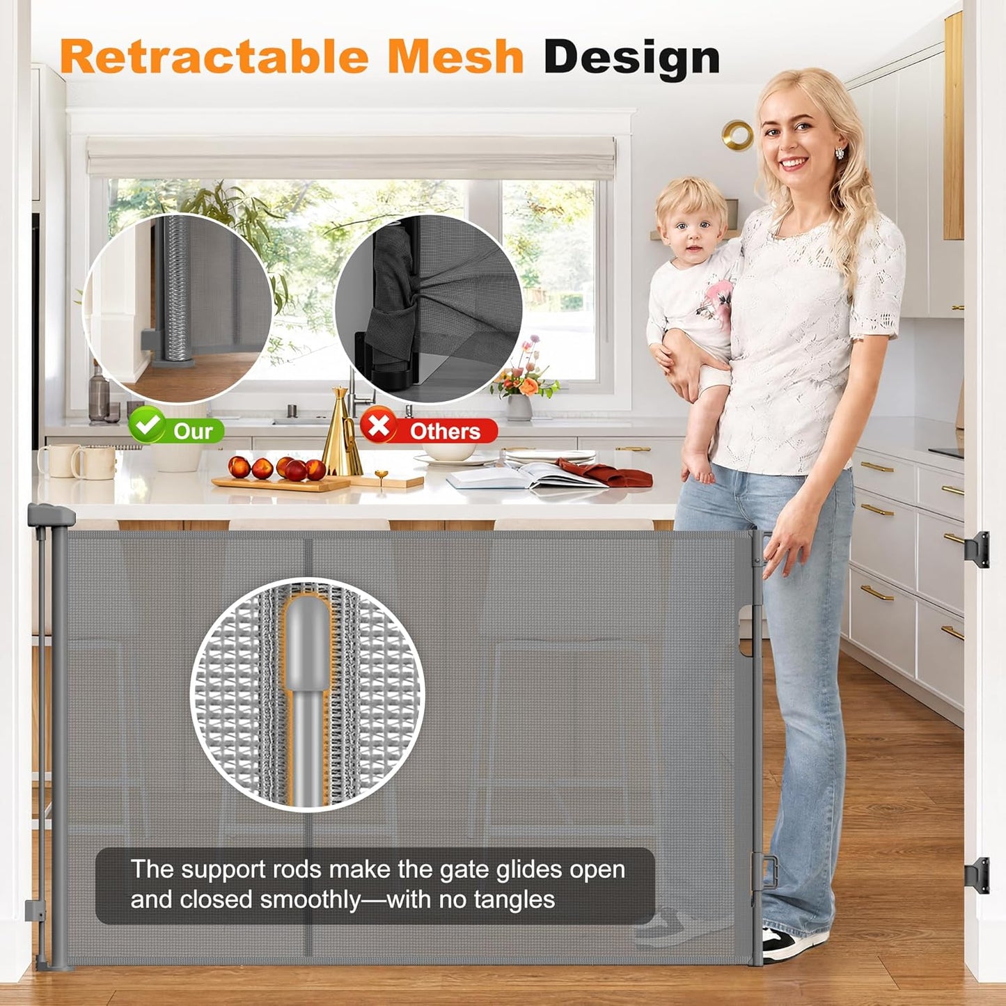 Reinforced 70” Wide Retractable Pet Gate Indoor Dog Gates Outdoor Retractable Baby Gate with Support Rod to Prevent Bottom Escape 33” Tall Child Safety Gates for Stairs Doorway Hallway Deck