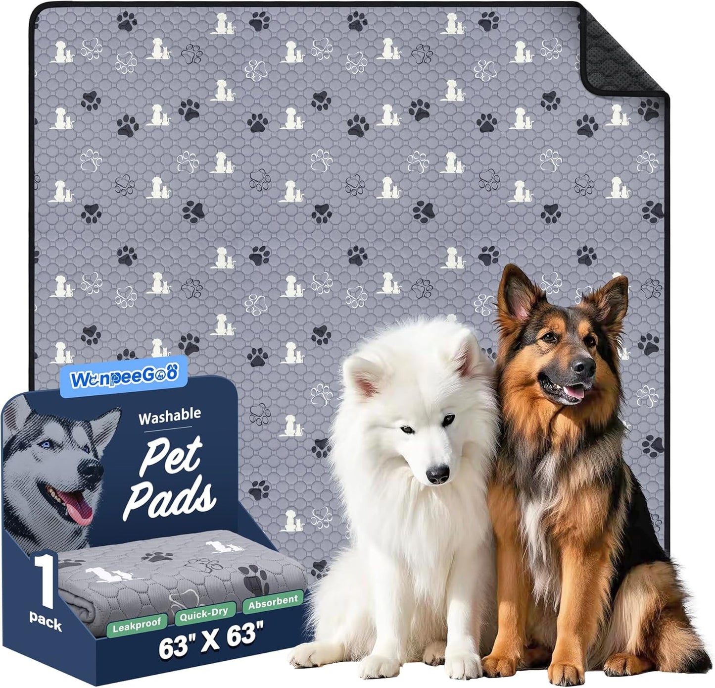 WanpeeGoo Washable Pee Pads for Dogs, 4 Pack Absorbent Reusable Training Dog Pads Pet Puppy Pads, Non-Slip Potty Pads for Whelping, Playpen, Crate, Bed, Grey 18"x24"