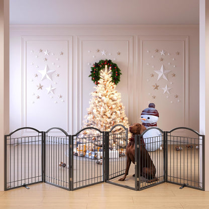 BHG Metal No-Assembly Freestanding Dog Gate with Door Walk Through, Extra Wide 144", Extra Tall 32" Pet Gate, Accordion Puppy Folding Playpen Dog Fence, with 2PCS Support (Black, 6 panesl)