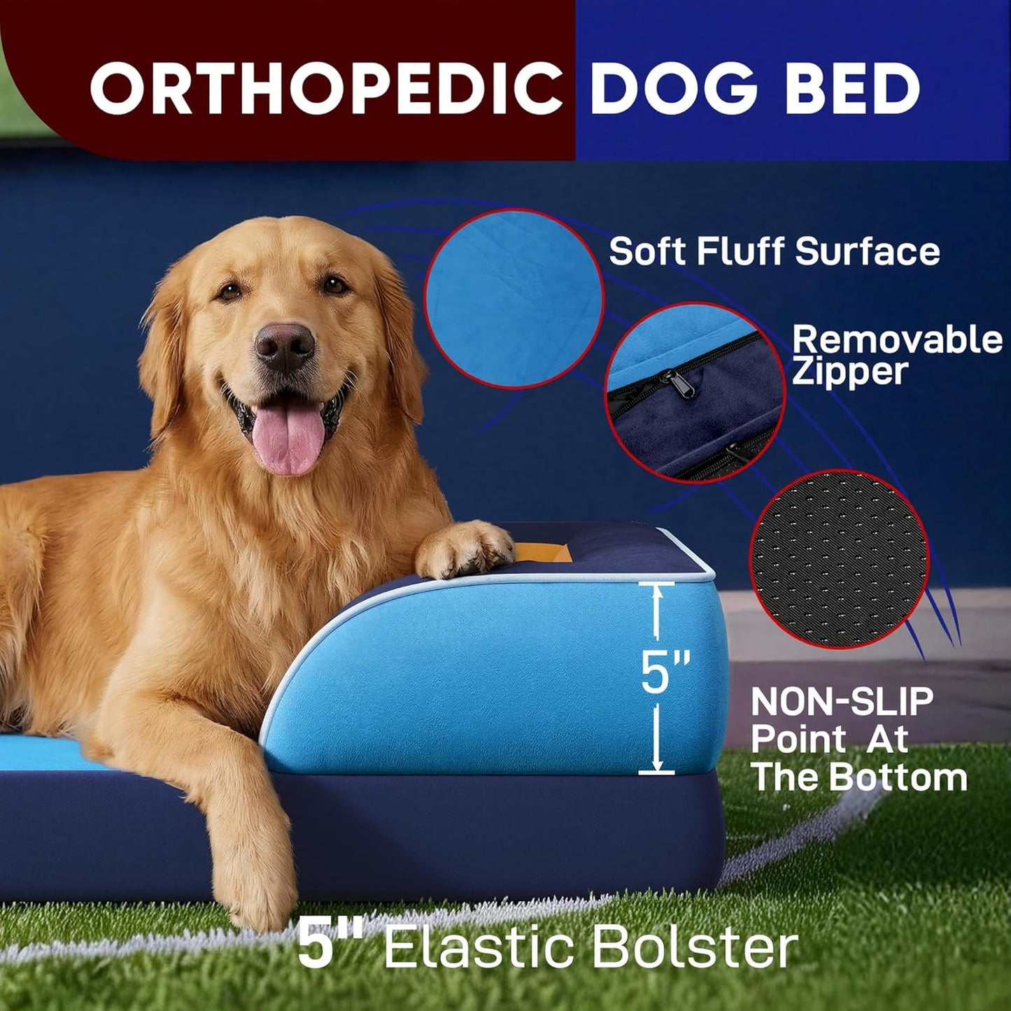 Comfort Expression Orthopedic Dog Bed for Extra Large Dogs 42x30 Inch, Waterproof Egg Crate Foam XL Pet Bed with Removable Bolsters, Dog Couch with Washable Cover & Non-Slip Bottom, Grey - Colors B