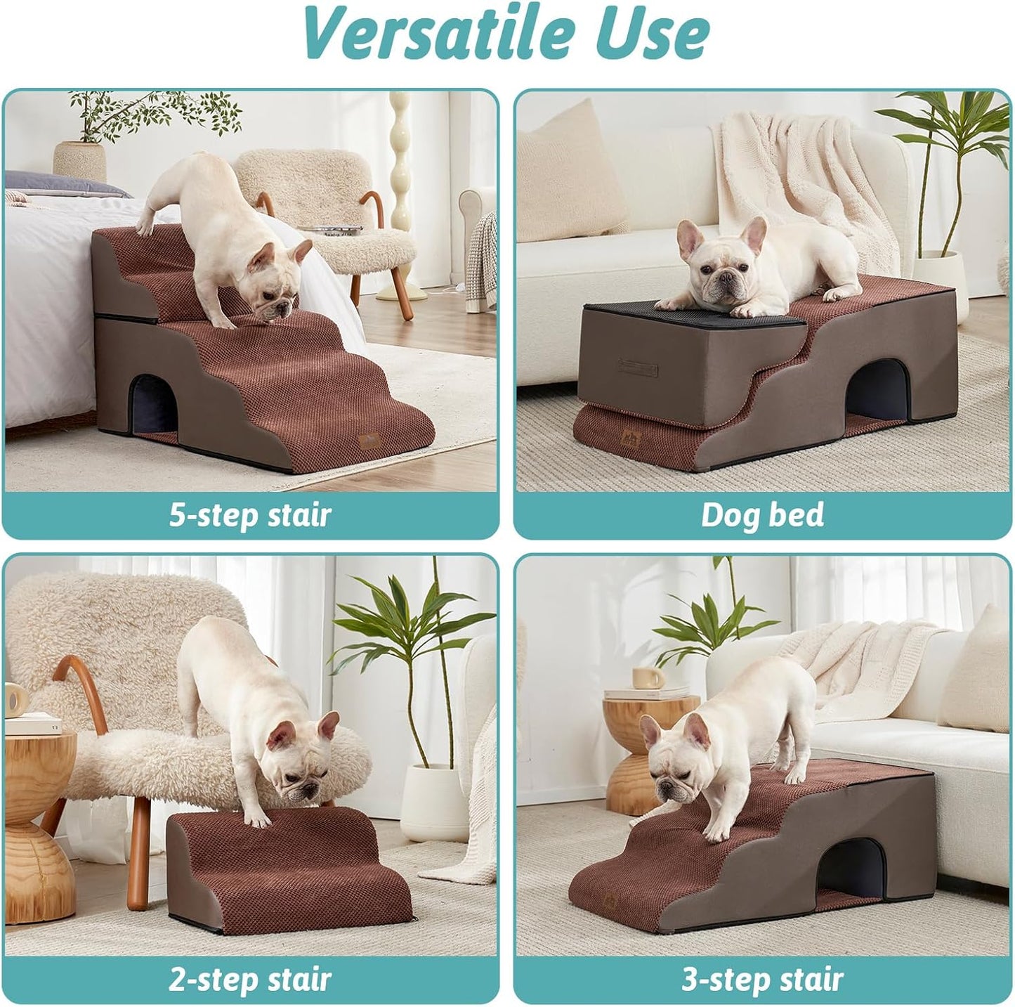 COZY KISS Extra Wide Dog Stairs with Tunnel, Foam Detachable Large Dog Step for Small Pet, Puppy or Cats, Medium Pet Ramp for High Bed, Couch, Sofa or Car, 19.7x33x22.4 inch, 5 Step, Beige