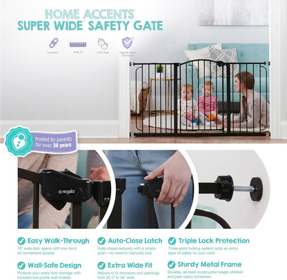 Regalo Safety 30.5-58" Extra Wide Arch Baby Gate with Door, Pressure Mount Walk Through Gate for Doorways & Bottom of Stairs, Babies, Toddlers & Pets, Tested & Safe, American Designed, American Owned