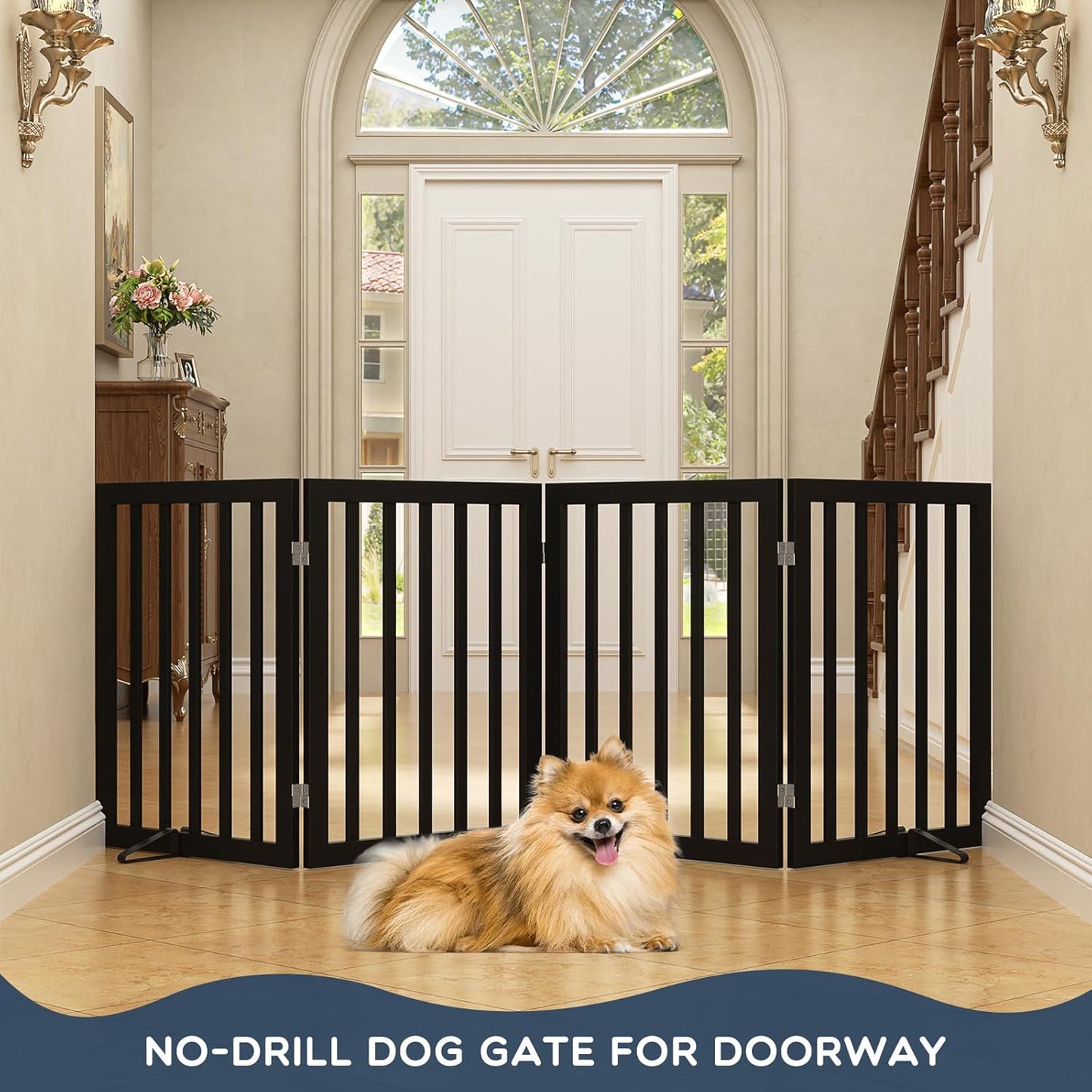 Homykic Bamboo Freestanding Dog Gate, No Assembly Pet Gate Indoor, 24”H x 75”W Extra Wide Foldable Puppy Fence with Support Feet for the House, Doorways Stairs, 4 Panels, No Drilling, Espresso