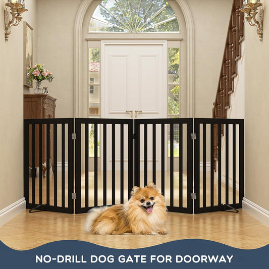 Homykic Bamboo Freestanding Dog Gate, No Assembly Pet Gate Indoor, 24”H x 75”W Extra Wide Foldable Puppy Fence with Support Feet for the House, Doorways Stairs, 4 Panels, No Drilling, Espresso
