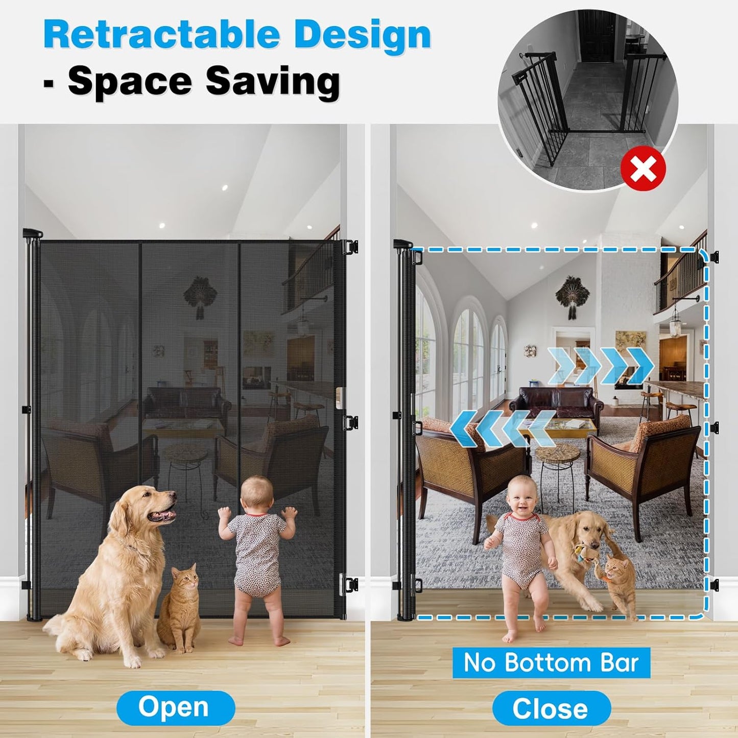 Reinforced 72" Extra Tall Pet Gate for Cat, Dog, Puppy & Baby, Jump-Resistant & Prevent Crawling Underneath Retractable Baby Gates, Fits 0-55" Width Safety Mesh Dog Gate, 6 Foot Extra Tall Cat Gate