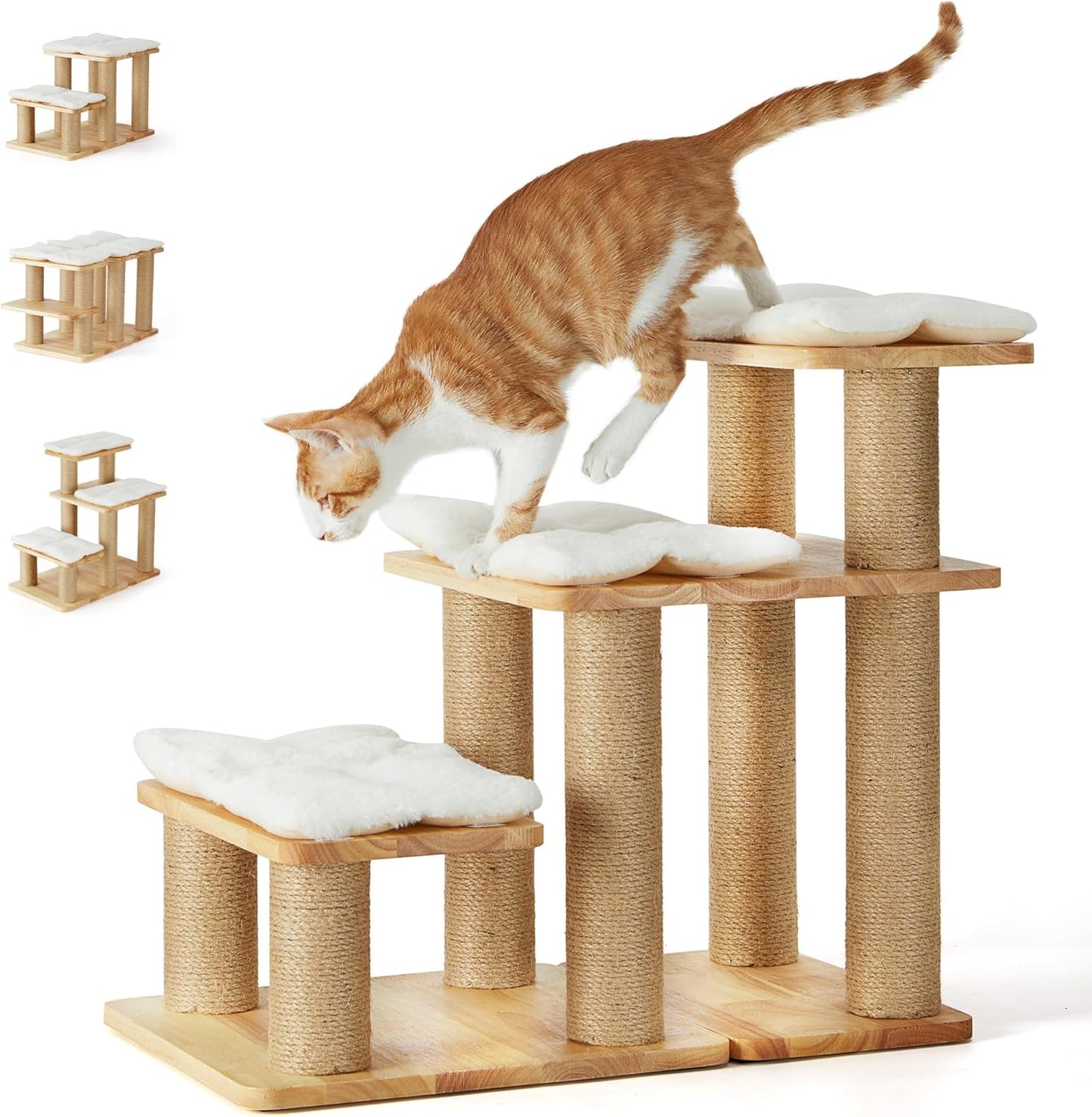 FUKUMARU 3-in-1 Pet Stairs, Retro-style Dog Steps for Cats and Small Dogs, Wooden Cat Stairs for High Bed with Scratching Post, Dog Ramp for Couch with Cat Condo Cave, Easy to Clean & Aesthetic Design