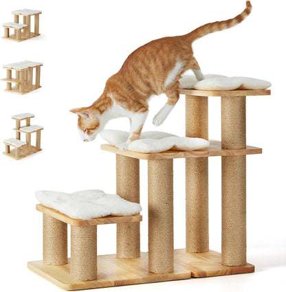 FUKUMARU 3-in-1 Pet Stairs, Retro-style Dog Steps for Cats and Small Dogs, Wooden Cat Stairs for High Bed with Scratching Post, Dog Ramp for Couch with Cat Condo Cave, Easy to Clean & Aesthetic Design