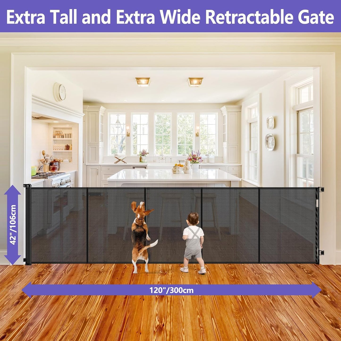 Reinforced 42" Tall Retractable Dog Gate, 155" Extra Long Retractable Baby Gate with Support Rods - Prevent Crawling Under, Indoor/Outdoor Retractable Gate Extra Tall Baby Gate Retractable Fence/Black
