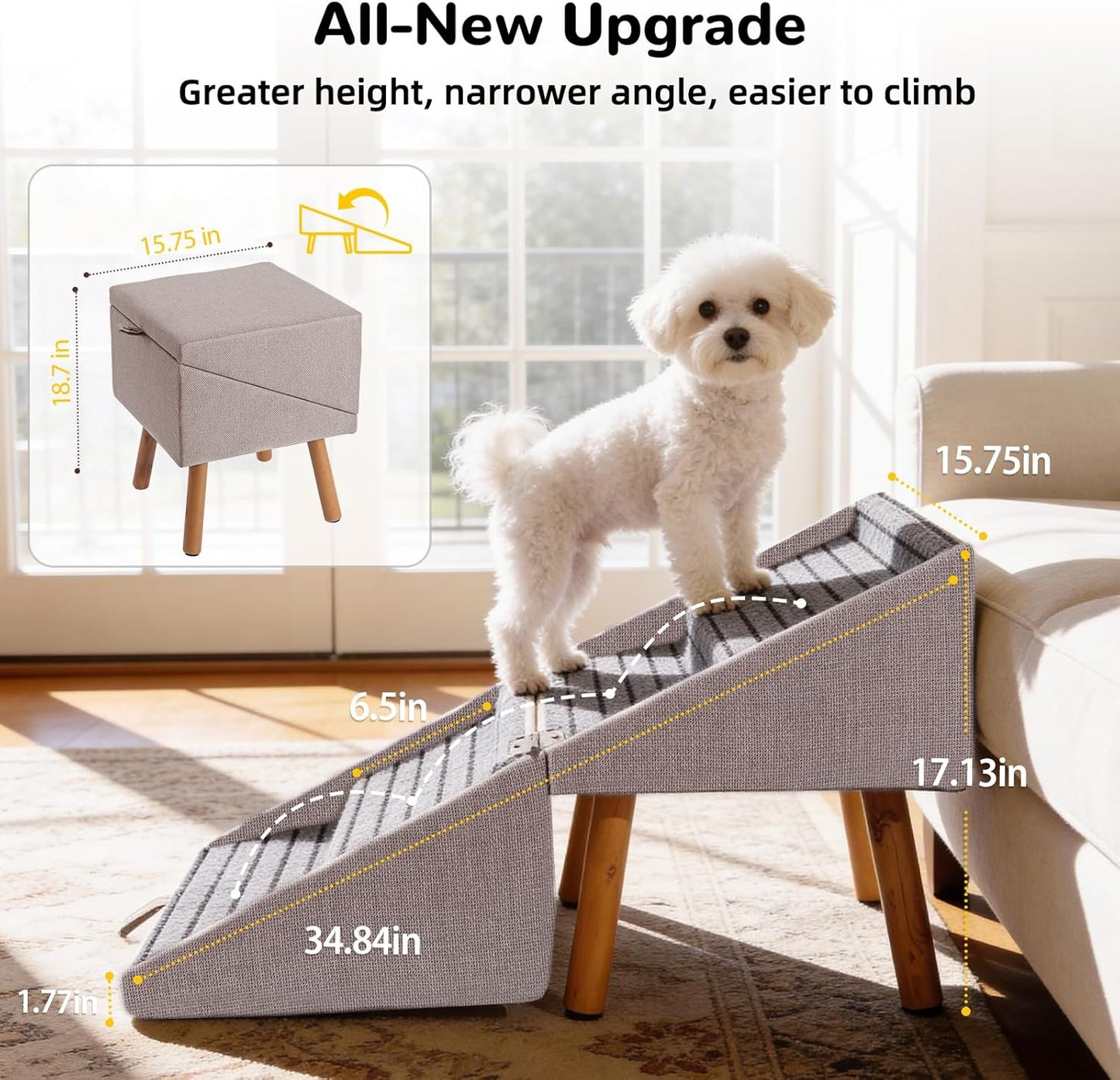 17.13" H Dog Stairs for Small Dogs, 2-in-1 Pet Steps & Ottoman - Foldable Dog Stairs for Couch, Non-Slip Wooden Pet Stairs for Puppy Senior Injured Dogs