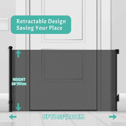 Retractable Baby Gate, Pet Gate for Stairs, Mesh Dog Gate for Doorways, Safety Locking Gates for Baby Indoor, Stair Gate for Outdoor, Hallways, Doorways (Black, 55 inch)