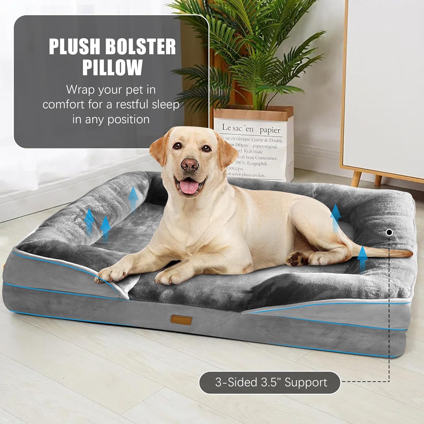 Spotted Play Orthopedic Dog Bed with Sides - Dog Sofa Beds for Medium Dogs, Supportive Foam Pet Couch Bed with Washable Removable Cover, Waterproof Lining and Non-Slip Bottom, Grey - M
