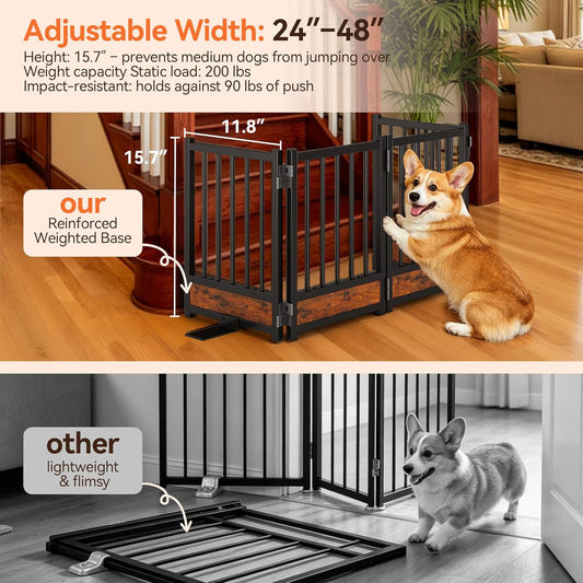 Dog Gate for Small Dogs, 48" No Drill Foldable Reinforced Base Pet Fence, Heavy Duty Step-Over Doorway Puppy Barrier, Anti-Tip Metal Frame, Supports 200+ lbs, Black