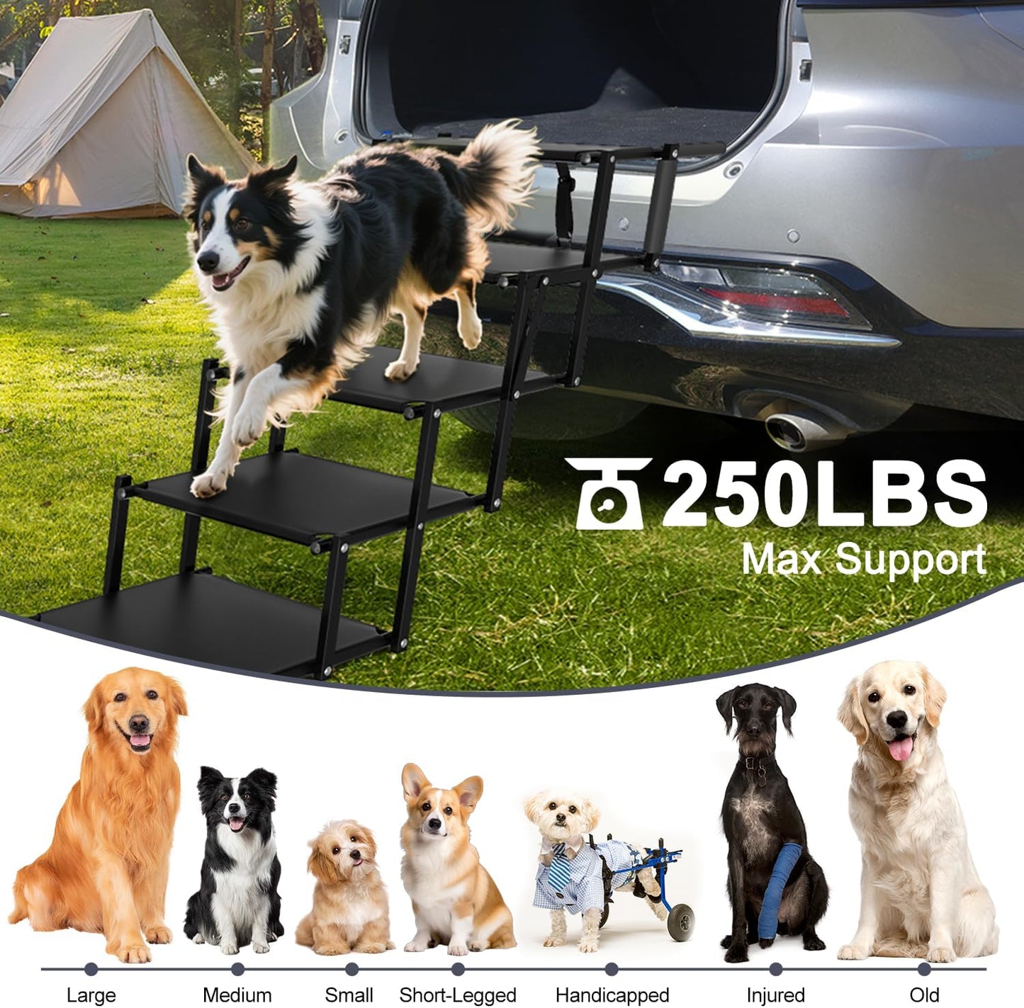 Extra Wide 5 Steps Dog Stairs for Large Dogs, Foldable DogRamp for Car with Non-Slip Surface, Pet Stairs DogStairs for car, Dog Steps for Cars, SUV, High Beds, Truck, Supports up to 250 lbs