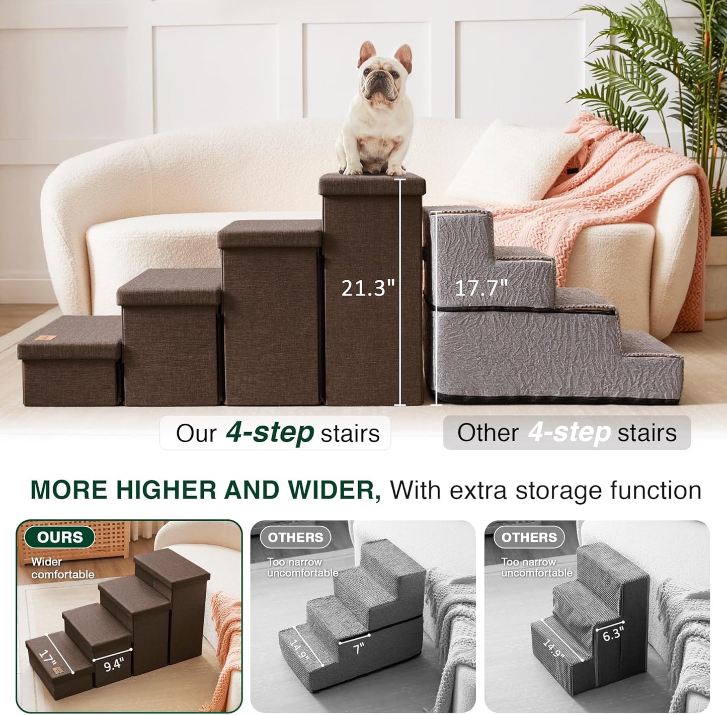 Love's cabin Dog Stairs with Storage 13" H, Foldable Pet Stairs for Small Medium or Large Dogs, Cat Puppy Steps Ramp with Zip up to 150 lbs, Solid Grey, 2 Steps