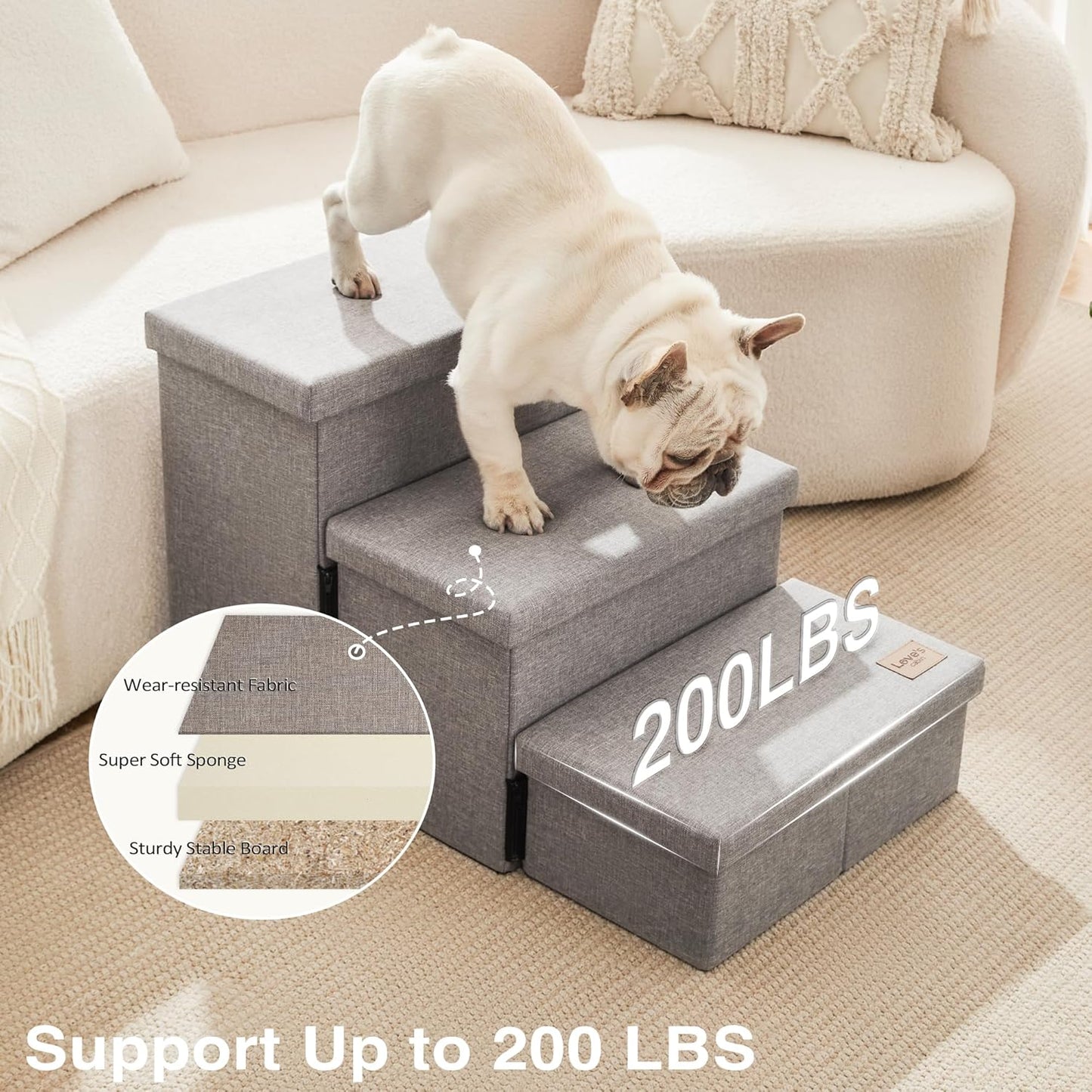 Love's cabin Dog Stairs with Storage 13" H, Foldable Pet Stairs for Small Medium or Large Dogs, Cat Puppy Steps Ramp with Zip up to 150 lbs, Solid Grey, 2 Steps