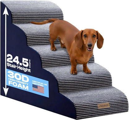 Dog Stairs for High Beds Up to 30", Extra-Tall 5-Step Dog Steps for Bed, 24.5" Tall Foam Pet Stairs for Small & Medium Dogs, Gentle Slope Cat Ramp for Bed with Washable Cover