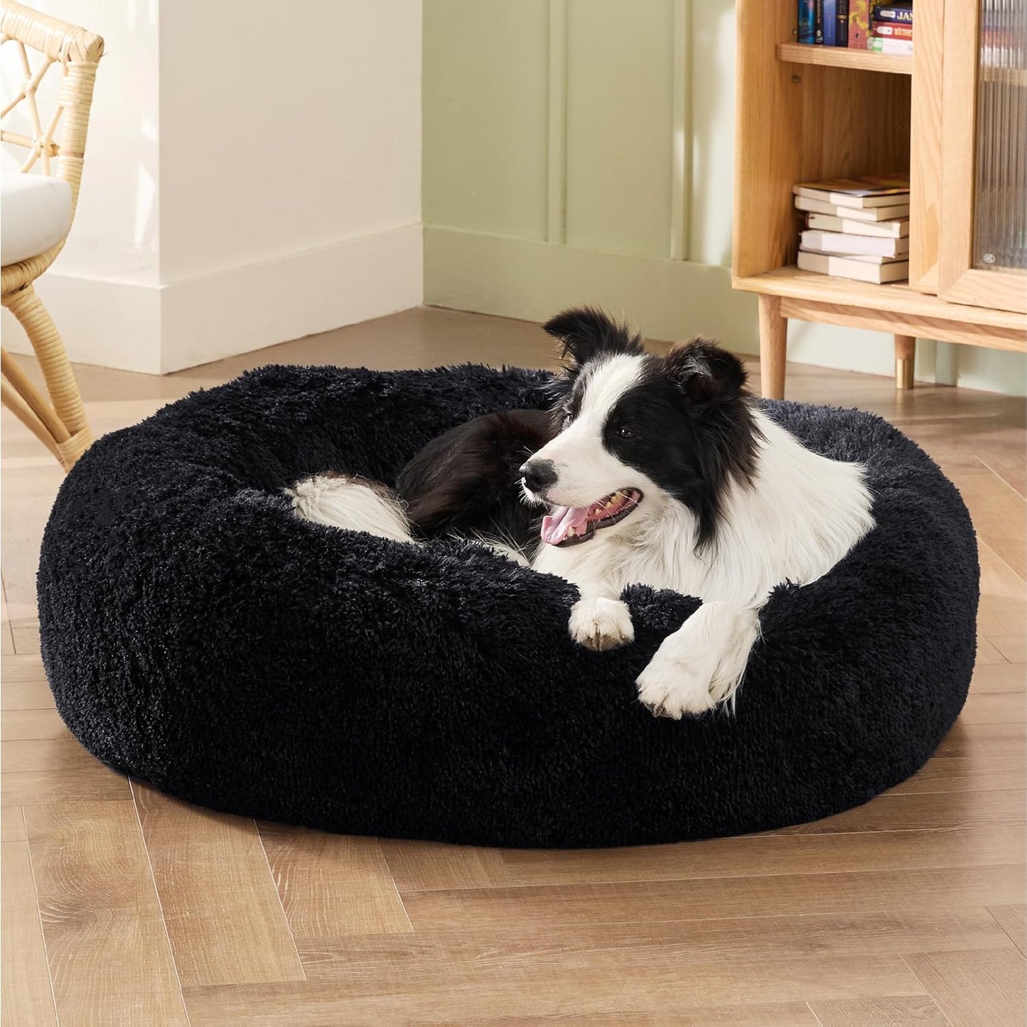 Bedsure Calming Dog Bed Medium Size Dog - Donut Washable Medium Pet Bed, 30 inches Anti-Slip Round Fluffy Plush Faux Fur Cat Bed, Fits up to 45 lbs Pets, Camel