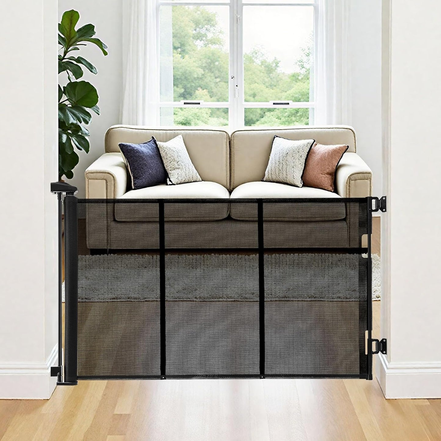 VEVOR Retractable Baby Gate, Extends to 202.7 inch Extra Wide, 39 inch Tall, with Reinforced Fiberglass Strips, Avoids Crawling Through, Mesh Dog Gate for Decks, Doorways, Garages, Indoor, Black
