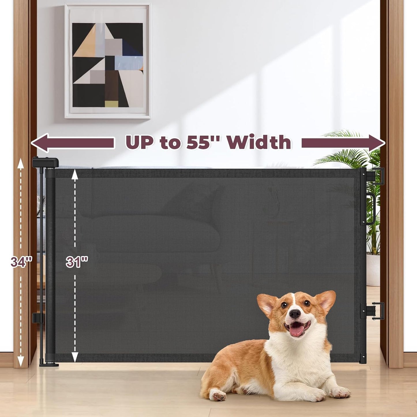 Retractable Baby Gate for Stairs & Doorways, Mesh Dog Gate Indoor Outdoor, Extends to 55" Wide 34" Tall Child Gate for Hallways, Deck, Porch, Pet Toddler Safety Essentials, Easy Install, Grey