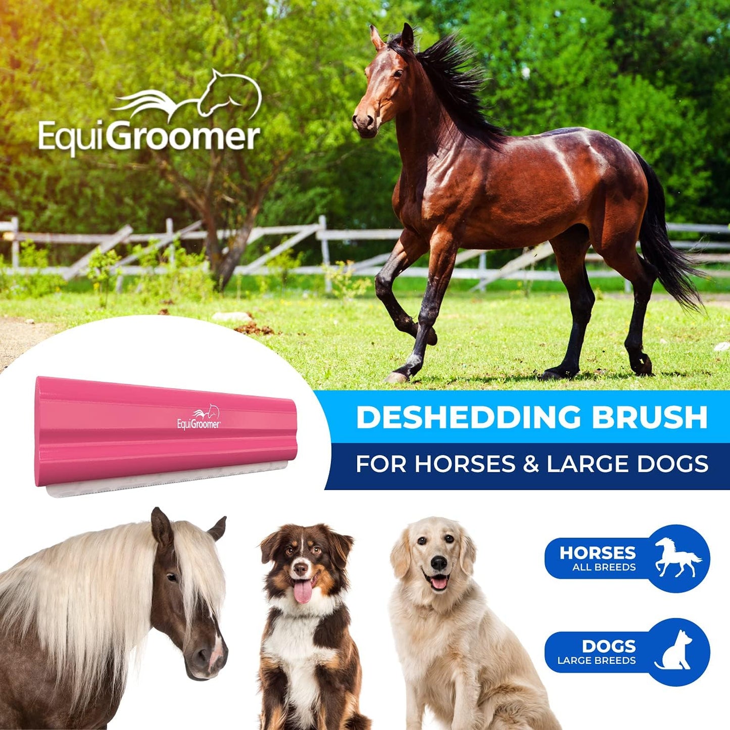 EquiGroomer 8-Inch Deshedding Brush for Horses and Large Shedding Dogs 50 lbs and Up (Golden Retriever, German Shepherd, Husky), Undercoat Grooming Tool, Removes Loose Hair and Fur, Blue
