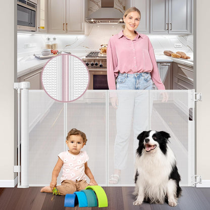 Reinforced 56" Wide Retractable Baby Gates for Doorways with Support Rods - Prevent Crawling Under Retractable Gate, Mesh Pet Gate for Stairs Retractable Dog Gates for The House Indoor/Outdoor, Black
