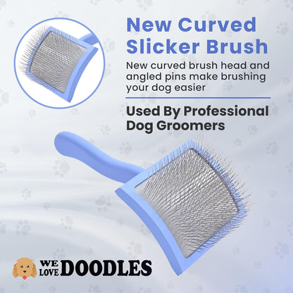 Slicker Brush for Dogs, Dog Grooming Supplies - Best Doodle & Poodle Brush for Haired Dogs - Goldendoodle Pin Detangler for Dematting (Medium Curved)