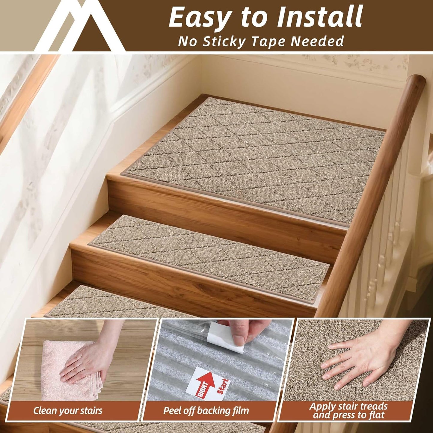 COSY HOMEER Edging Stair Treads Non-Slip Carpet Mat 28inX9in Indoor Stair Runners for Wooden Steps, Edging Stair Rugs for Kids and Dogs, 100% Polyester TPE Backing (7pc, Beige)