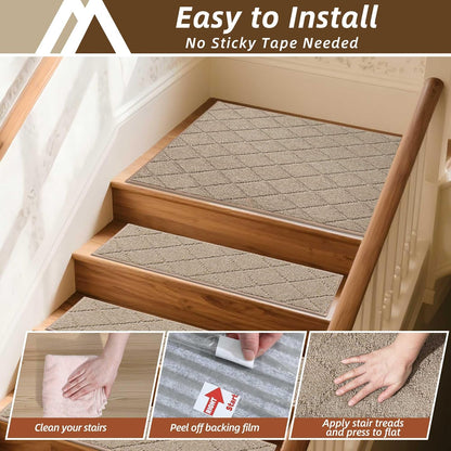 COSY HOMEER Edging Stair Treads Non-Slip Carpet Mat 28inX9in Indoor Stair Runners for Wooden Steps, Edging Stair Rugs for Kids and Dogs, 100% Polyester TPE Backing (7pc, Beige)