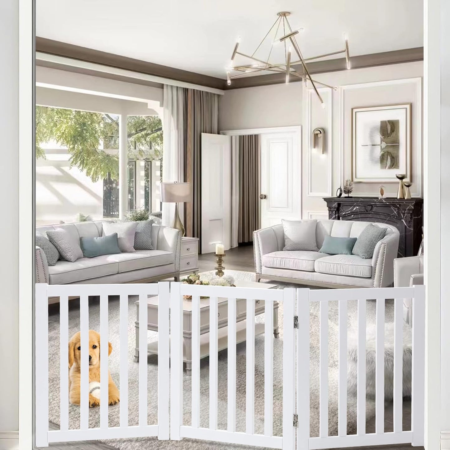 LZRS 2-Panel Wooden Free Standing Foldable Dog Gate Indoor – Solid Hardwood 24" High, Step-Over Safety Pet Gate for Doorways, Stairs & Small Spaces - Indoor Use, White