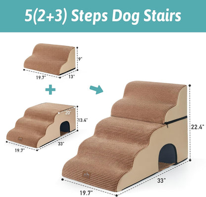 COZY KISS Extra Wide Dog Stairs with Tunnel, Foam Detachable Large Dog Step for Small Pet, Puppy or Cats, Medium Pet Ramp for High Bed, Couch, Sofa or Car, 19.7x33x22.4 inch, 5 Step, Beige