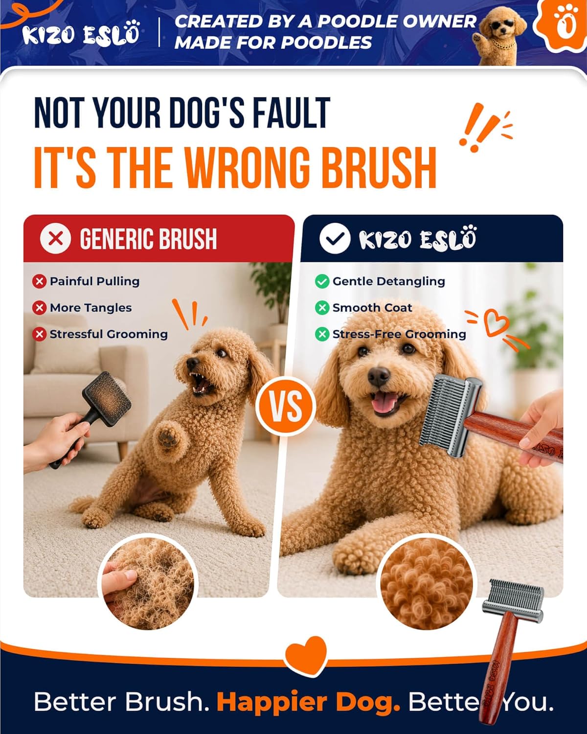 KIZO ESLO Dog Dematting Brush & Undercoat Rake for Doodles, Poodles & Long-Haired Pets, Detangling Comb for Thick Curly Coats, Removes Mats, Knots & Tangles, Stainless Steel Teeth with Wooden Handle