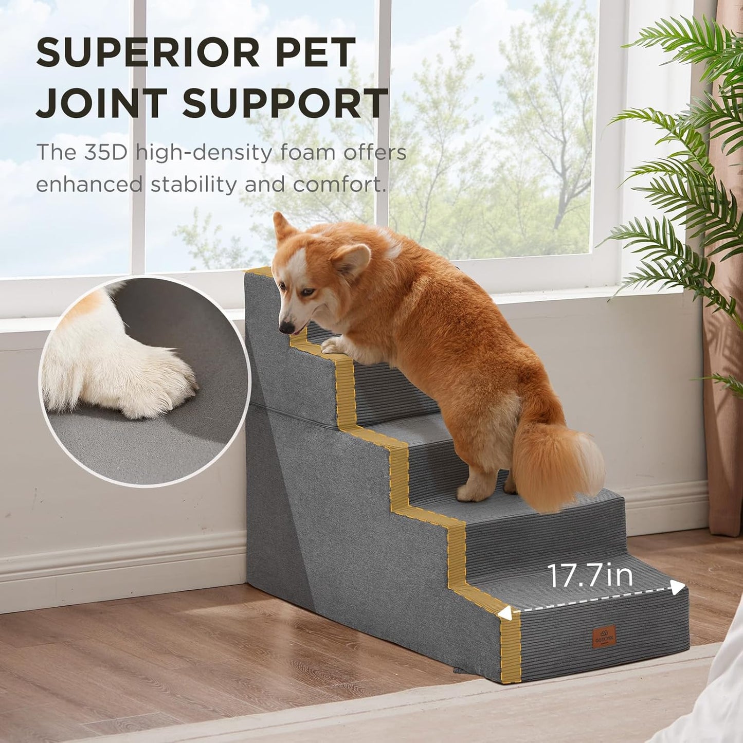 Joydeco Dog Stairs for Bed 15" H, 3-Step Pet Steps for Small Dogs and Cats, Dog Steps for High Bed, Non-Slip Balanced Ramp Indoor Pet Stairs, Beige