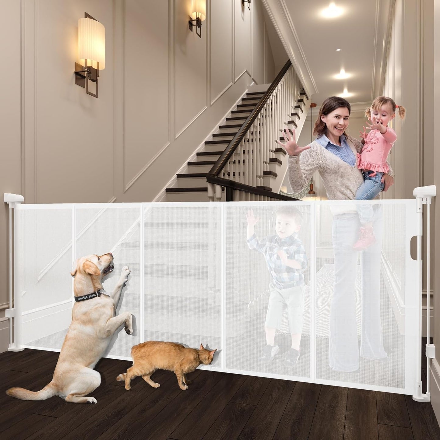 240" Retractable Baby Gates Extra Wide for Large Opening, 41" Extra Tall Retractable Dog Gate Pet Gates, Long Child Safety Mesh Gate with Fiberglass Rods for Stairs, Doorways, Hallways, Indoor/Outdoor