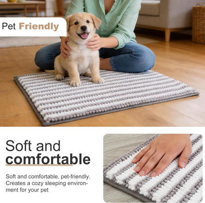 pobopobo Dog Door Mat for Muddy Paws - Absorbent & Washable Chenille Rug, Non-Slip Dirt Trapper for Indoor Outdoor Entryway, Quick Dry Pet Mat for Muddy Dogs (Striped Gray-Blue&White, 24" x 16")